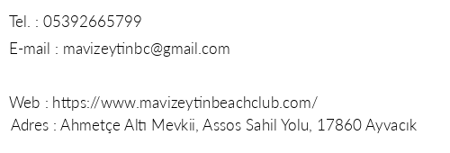 Mavi Zeytin Beach Club telefon numaralar, faks, e-mail, posta adresi ve iletiim bilgileri